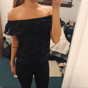 Kendall & Kylie Black Lace Off Shoulder Crop Top